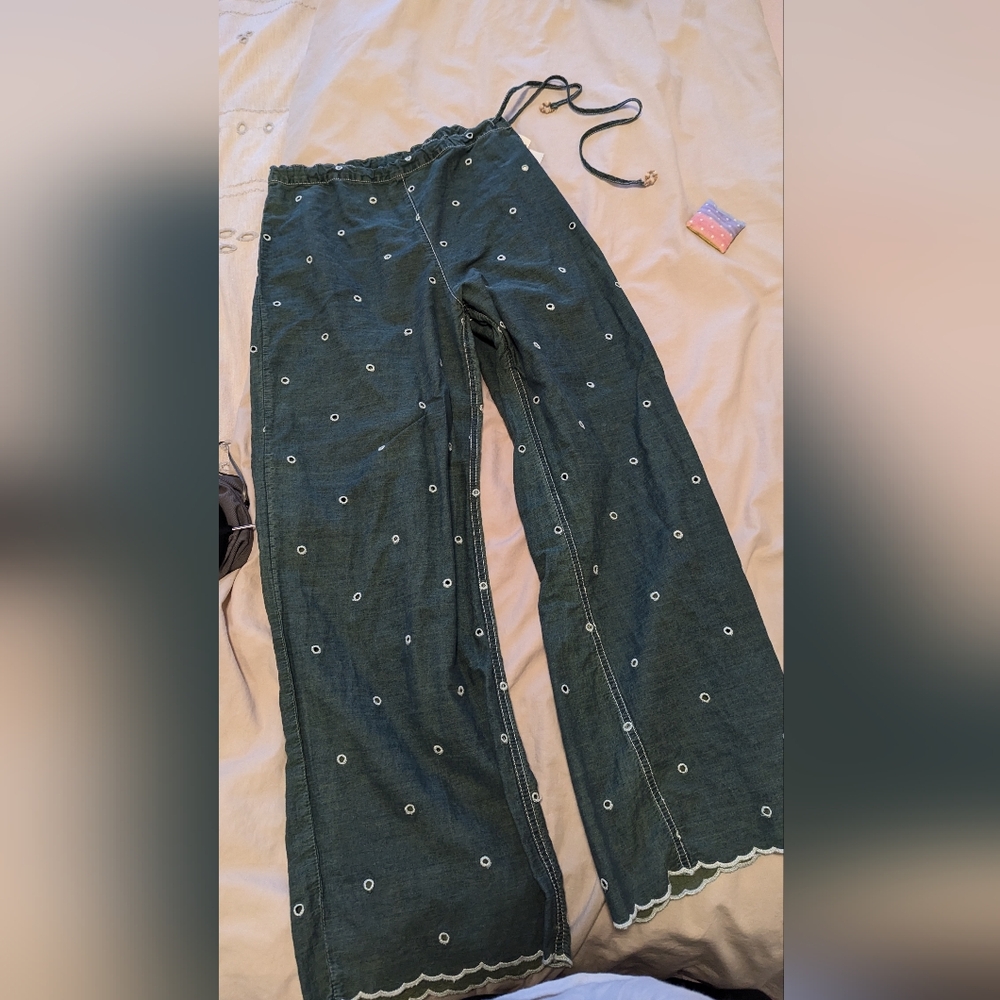 Zara Green Embroidered Pants With Tie Ups